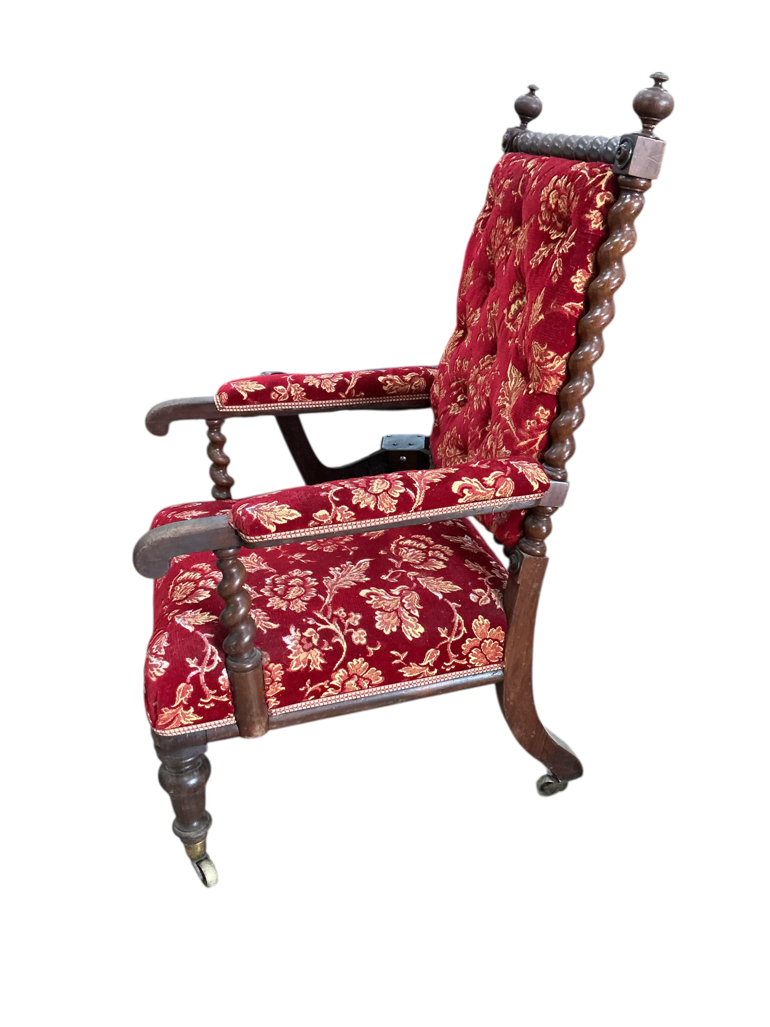 A Victorian upholstered armchair with spiral turned frame, width 60cm, depth 60cm, height 108cm